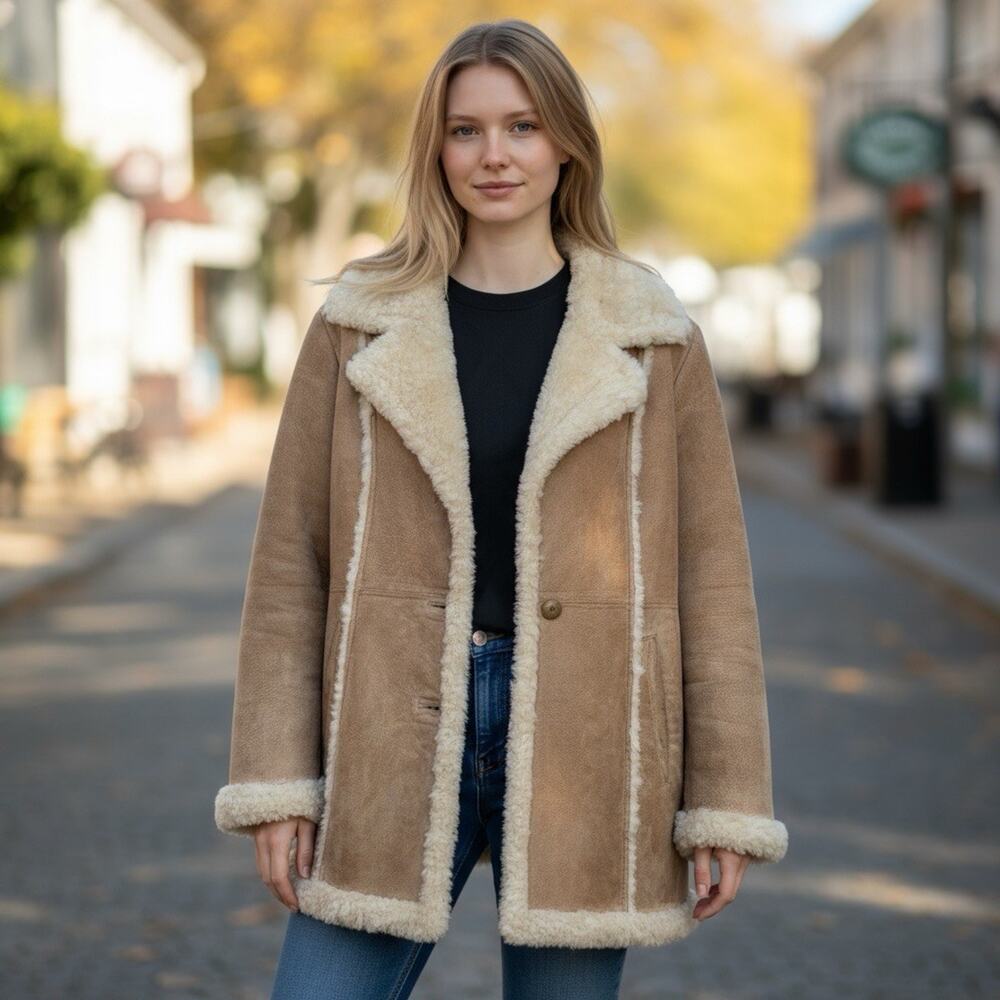 VTG 90’s Y2K Wilsons Maxima Light Brown Suede Sherpa Lined Penny Lane Coat Sz L